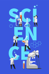 Innovation Experiment Laboratory Scientific Banner. Scientist in Science Education Research Chemical Lab with Flask, Tube, Molecule Microscope and Equipment Flat Cartoon Vector Illustration