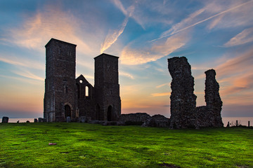 Sunset at Reculver, on the North Kent Coast, near Herne Bay, Kent, UK.