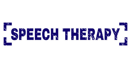 SPEECH THERAPY text seal watermark with distress texture. Text tag is placed inside corners. Blue vector rubber print of SPEECH THERAPY with scratched texture.
