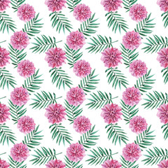 Watercolor hand painted floral illustration with petals and leaves seamless pattern on white background