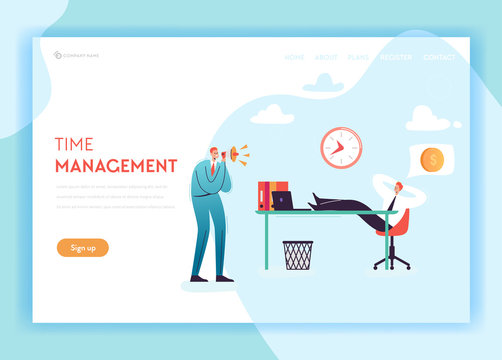 Business Overtime Landing Page Template. Working Late Concept with Lazy Office Worker and Boss Screaming in Megaphone for Website Banner. Vector illustration