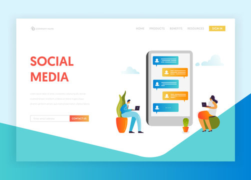 Social Media Networking Communication Concept Landing Page Template. People Characters Chatting in Social Network using Mobile Gadgets for Website Banner. Vector illustration