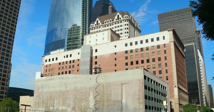 Los Angeles downtown business financial district skyline, skyscrapers at Pershing Square in Los Angeles California, 4K