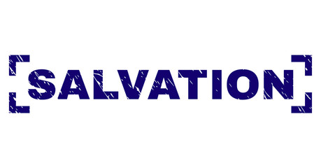 SALVATION title seal print with distress style. Text title is placed inside corners. Blue vector rubber print of SALVATION with dust texture.