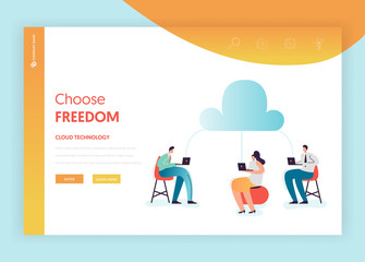 Cloud Data Storage Technologies Landing Page Template. Cloud Computing Concept with People Characters Using Mobile Devices for Website Banner. Vector illustration
