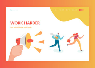 Deadline Business Overtime Landing Page Template. Busy Office Workers Running Out from Loudspeaker Megaphone for Website Banner. Vector illustration