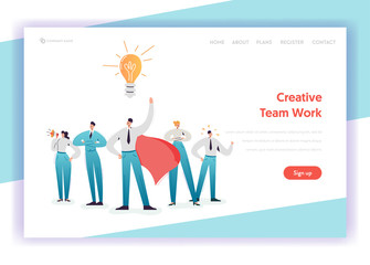 Business Team Work Concept Landing Page Template. Teamwork Brainstorming Leadership Characters with Light Bulb for Website Banner. Vector illustration