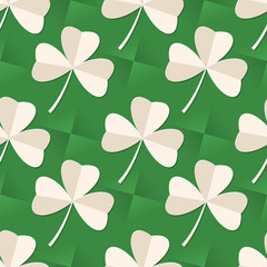 St. Patrick's day seamless pattern with Clover leaves on green background.