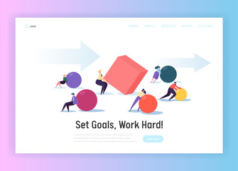 Business Competition Concept Landing Page. Corporate People Character Move Geometric Shapes for Teamwork Challenge. Team Work Hard Progress Website or Web Page. Flat Cartoon Vector Illustration