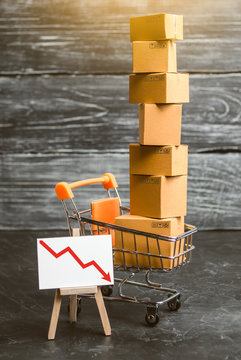 A supermarket cart loaded with lots of boxes and a red down arrow. The concept of sales drop, decrease of consumer ability and the welfare of society, consumer recession. Price decrease