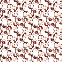 Watercolor hand painted cotton flower illustration seamless pattern on white background