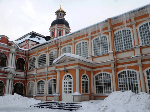 Holy Trinity Alexander Nevsky Lavra in a winter snowy day