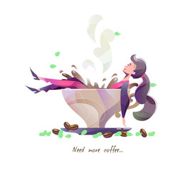 Concept in flat style with woman lying in big cup of coffee. Coffee addiction. Vector illustration.