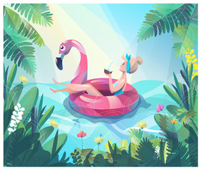 Concept in flat style with woman floating with circle. Vacation and relaxion. Sunbathing. Vector illustration. - 248373524