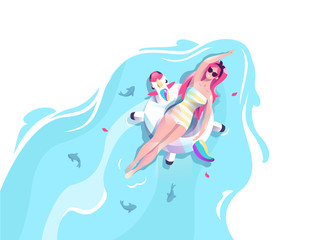 Concept in flat style with woman floating with circle. Vacation and relaxion. Sunbathing. Vector illustration. - 248373567