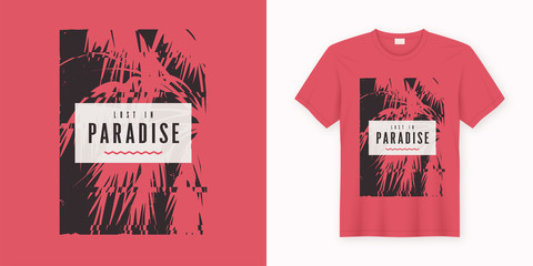 Lost in paradise. Stylish graphic tee design, poster, print with palm tree. - obrazy, fototapety, plakaty
