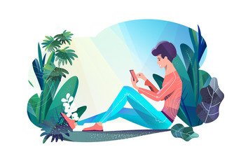 Concept in flat style. Young man sitting in park and chatting. Mobile phone. Free wi-fi. Surf the internet. Vector illustration.