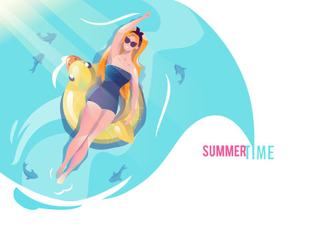 Concept in flat style with woman swimming with circle.
