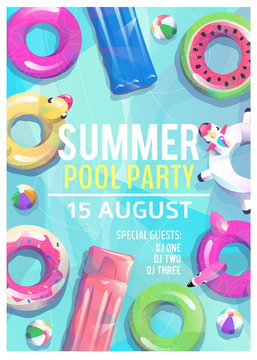 Concept in flat style. Summer pool party poster. Many circles float in pool or sea. Vector illustration.
