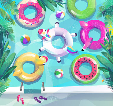Concept in flat style. Summer pool party poster. Many circles float in pool or sea. Vector illustration.