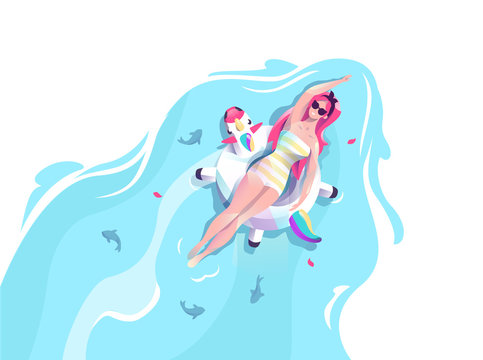 Concept in flat style with woman floating with circle. Vacation and relaxion. Sunbathing. Vector illustration.