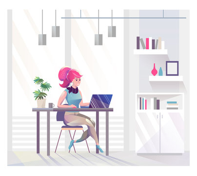 Concept in flat style with woman. Businesswoman works in office.