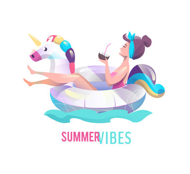 Concept in flat style with woman swimming with circle.