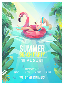 Concept in flat style. Summer beach party poster. Woman floats with circle. Vector illustration.