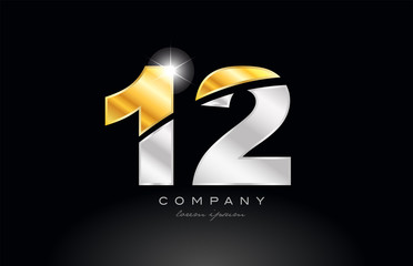 number 12 gold silver grey metal on black background logo
