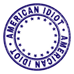 AMERICAN IDIOT stamp seal watermark with grunge texture. Designed with round shapes and stars. Blue vector rubber print of AMERICAN IDIOT label with retro texture.