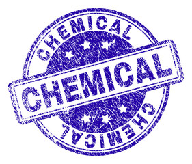 CHEMICAL stamp seal watermark with grunge style. Designed with rounded rectangles and circles. Blue vector rubber print of CHEMICAL title with grunge texture.