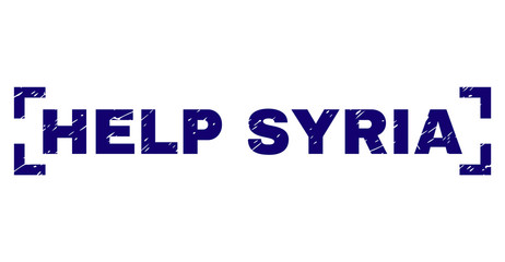 HELP SYRIA label seal print with distress texture. Text label is placed inside corners. Blue vector rubber print of HELP SYRIA with retro texture.