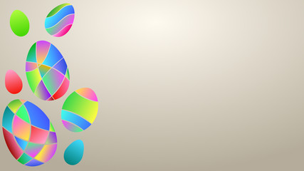 Background with multicolor Easter eggs of colored gradient segments on beige color