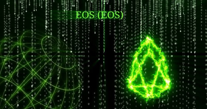 Glowing EOS (EOS) symbol against the falling binary code symbols
