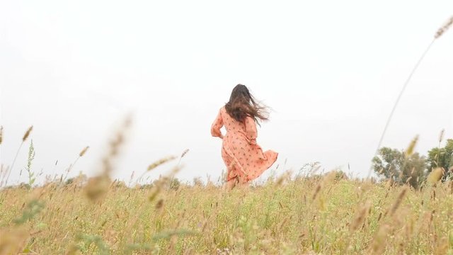 Beautiful girl whirls. Field with green grass. Long hair. Slender brunette. Slow motion