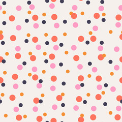 Messy dots on beige background. Festive seamless pattern with round shapes. Dotted texture for wrapping paper, web. Vector illustration.