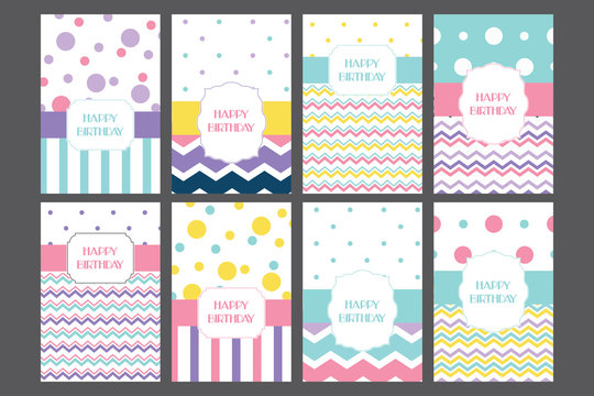Happy birthday cards templates set universal, classic, bright design for everybody