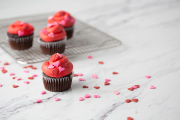 Chocolate Valentine Cupcake with Red Icing and Heart-Shaped Sprinkles on a Wire Cooling Rack; One Cupcake Isolated in Front; Heart-shaped Sprinkles on Countertop