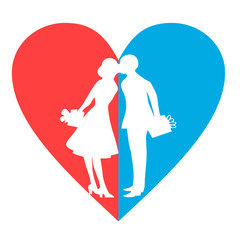 Couple in love of heart. Red and blue flat design vector illustration.