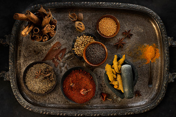 Spices on old tray