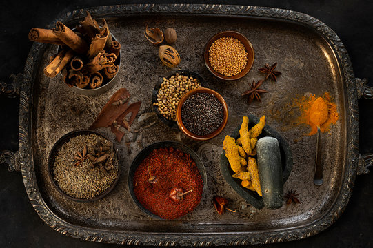 Spices on old tray