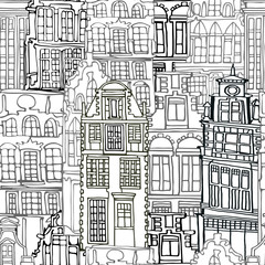 Abstract black and white vector seamless pattern with Dutch fictional vintage houses. Hand drawn.