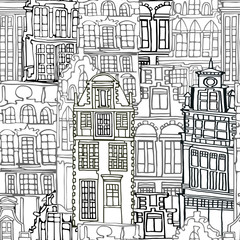 Fototapeta premium Abstract black and white vector seamless pattern with Dutch fictional vintage houses. Hand drawn.