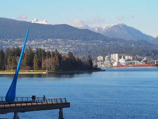 sunny, crisp winter day on the water with mountain background