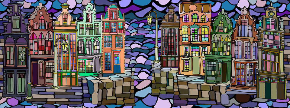 Abstract vector seamless pattern with Dutch fictional vintage houses and canals. Hand drawn stained glass texture.
