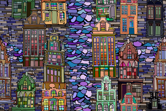 Abstract vector seamless pattern with Dutch fictional vintage houses and canals. Hand drawn stained glass texture.
