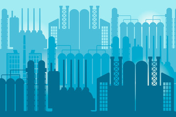 Abstract vector blue industrial background with factory silhouette and skyline illustrating industrial revolution.