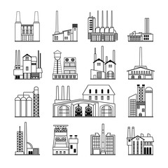 Set of abstract old factory icons featuring traditional old time industry buildings of metal and machine works.  