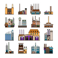 Set of abstract old factory icons featuring traditional old time industry buildings of metal and machine works related to industrial revolution.  