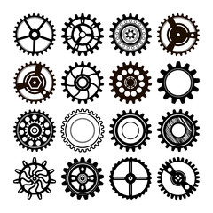 Abstract decorative gear wheels black and white vector icon set.  